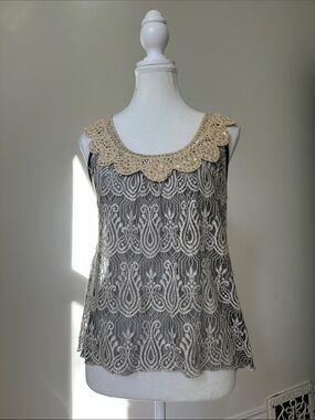 PINKY Sheer‎ Lace Scalloped Sequins Collar Y2K Preppy Twee Tank Top Small